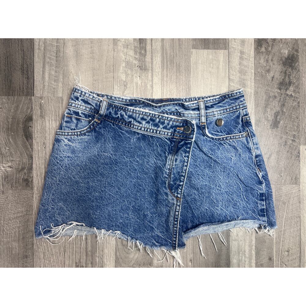Zara Denim Skort Women’s XS Blue Asymmetrical Wrap Mini Skirt Raw Hem Y2K